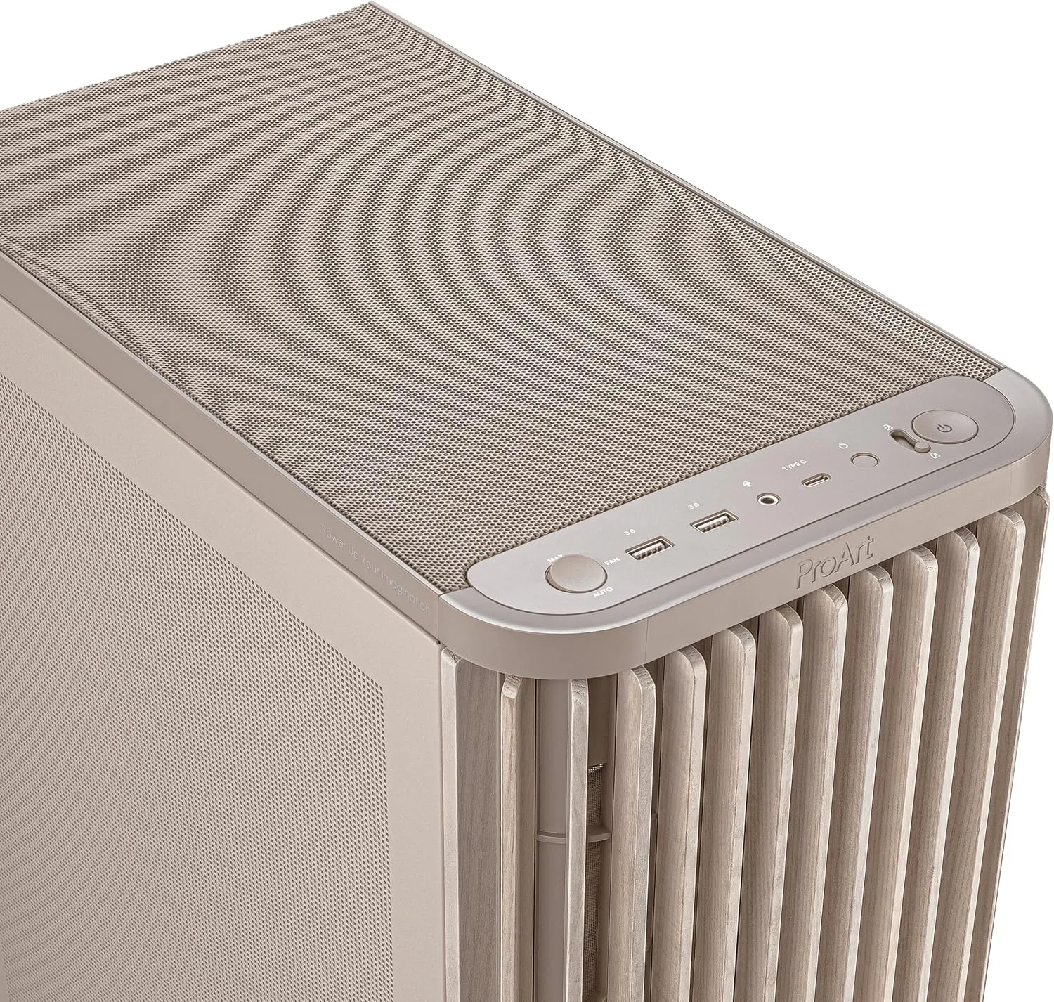 ProArt PA401 Wood Edition Beige Mesh-Panel ATX case, GPU Support for up to 315mm in Length, 240mm Radiator Support, 160x 32mm Fans, Power and Reset Button Lock, Detachable PSU Bracket