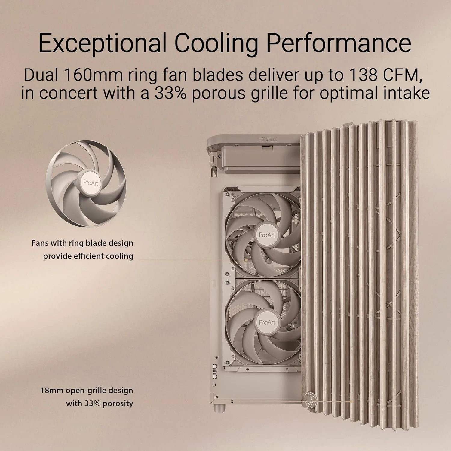 ProArt PA401 Wood Edition Beige Mesh-Panel ATX case, GPU Support for up to 315mm in Length, 240mm Radiator Support, 160x 32mm Fans, Power and Reset Button Lock, Detachable PSU Bracket