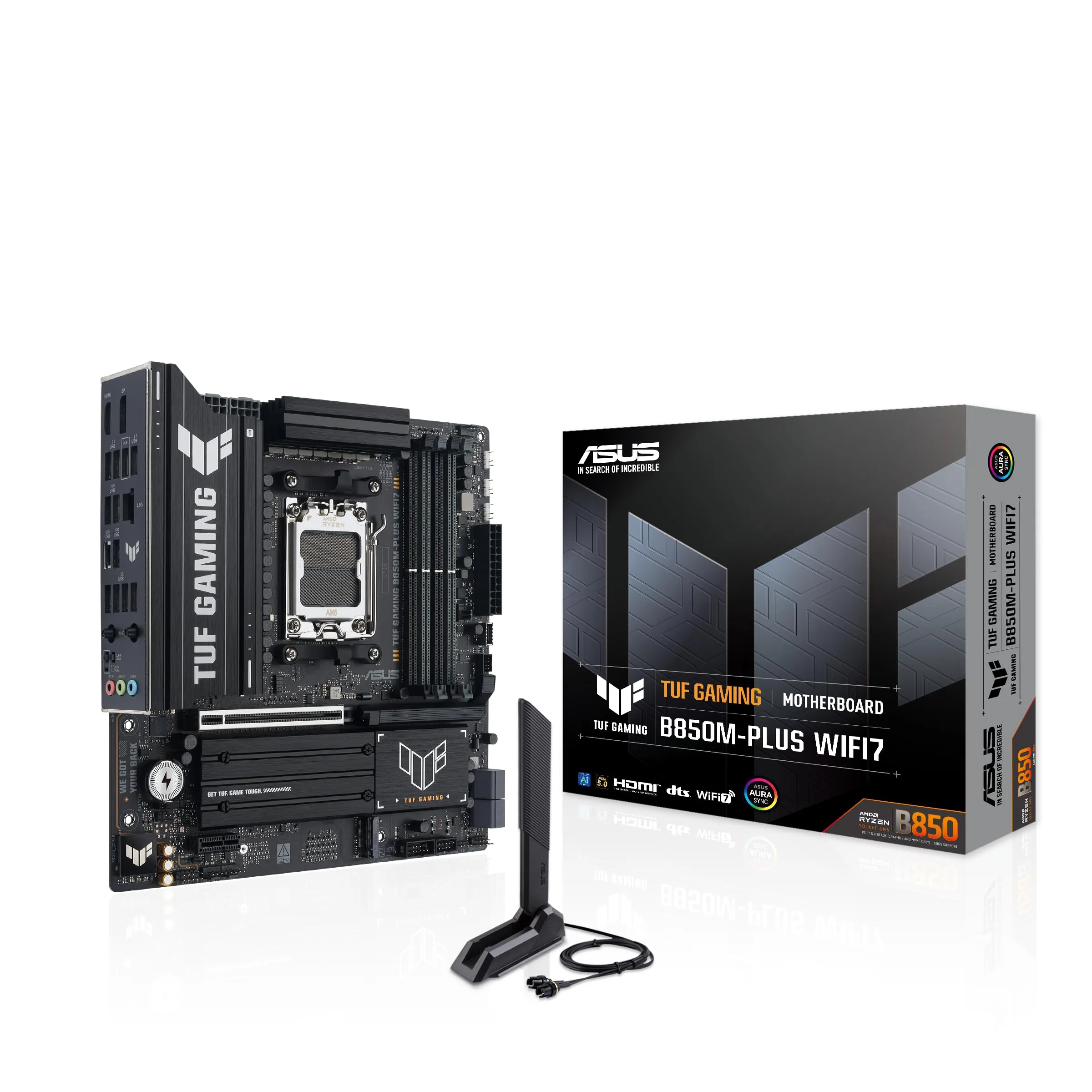 TUF Gaming B850M-PLUS WIFI7 AMD B850 mATX Motherboard, 14+2+1 80A DrMOS Power Stages, DDR5, PCIe 5.0, 3X M.2 Slots, WiFi 7, 2.5Gb Ethernet, DisplayPort, HDMI, Rear USB-C 20Gbps and Front USB-C 10Gbps