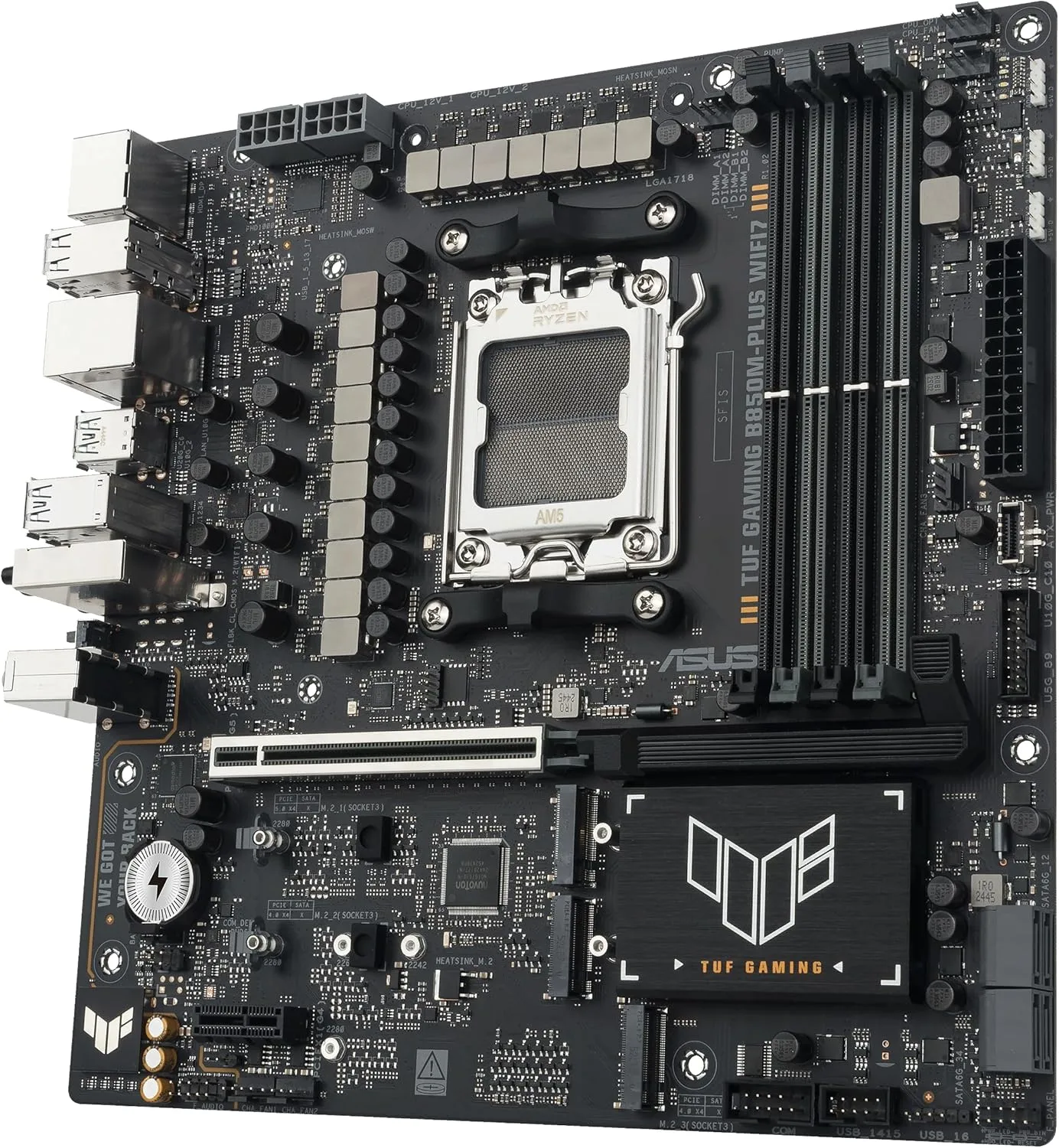 TUF Gaming B850M-PLUS WIFI7 AMD B850 mATX Motherboard, 14+2+1 80A DrMOS Power Stages, DDR5, PCIe 5.0, 3X M.2 Slots, WiFi 7, 2.5Gb Ethernet, DisplayPort, HDMI, Rear USB-C 20Gbps and Front USB-C 10Gbps