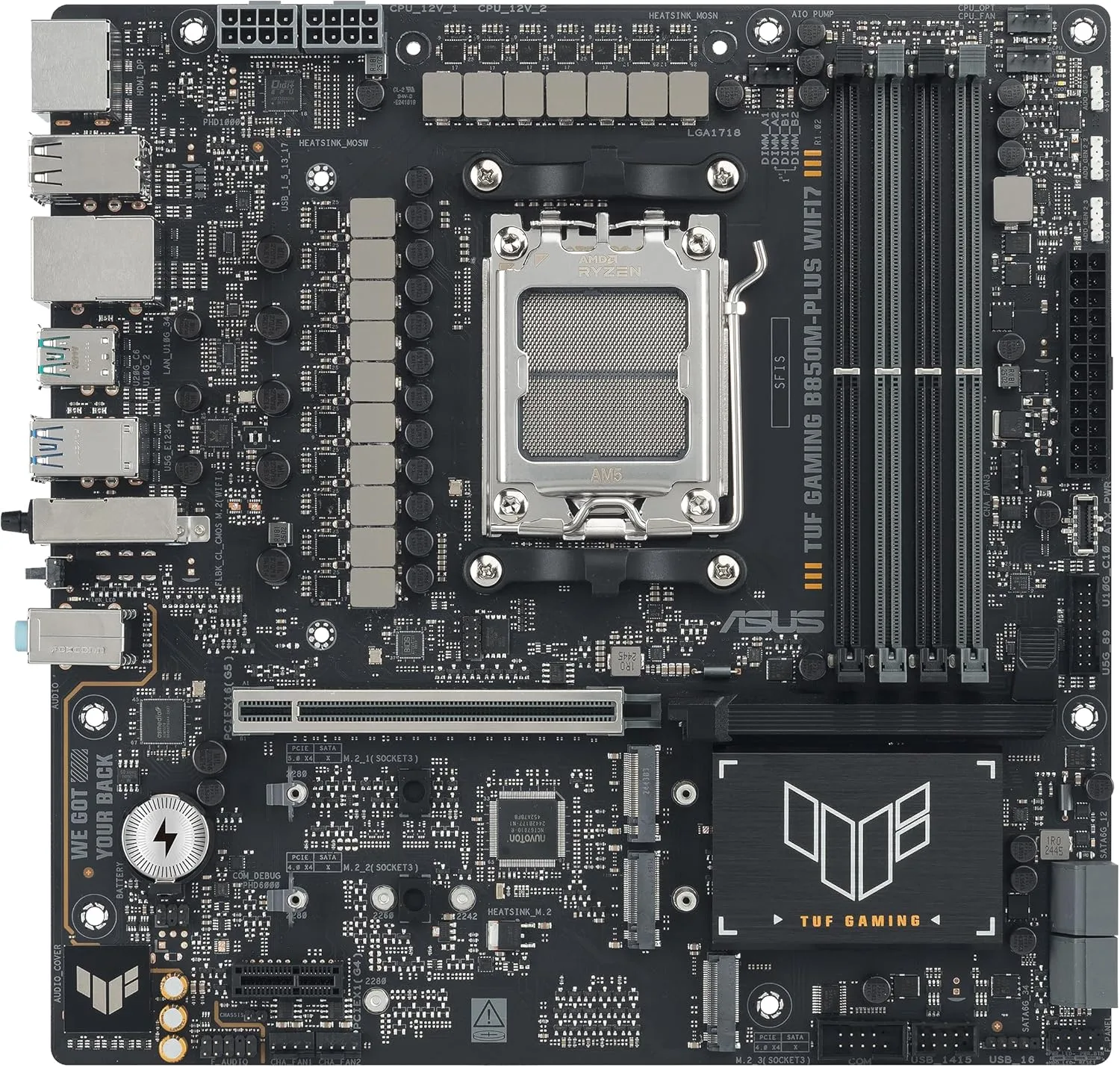 TUF Gaming B850M-PLUS WIFI7 AMD B850 mATX Motherboard, 14+2+1 80A DrMOS Power Stages, DDR5, PCIe 5.0, 3X M.2 Slots, WiFi 7, 2.5Gb Ethernet, DisplayPort, HDMI, Rear USB-C 20Gbps and Front USB-C 10Gbps