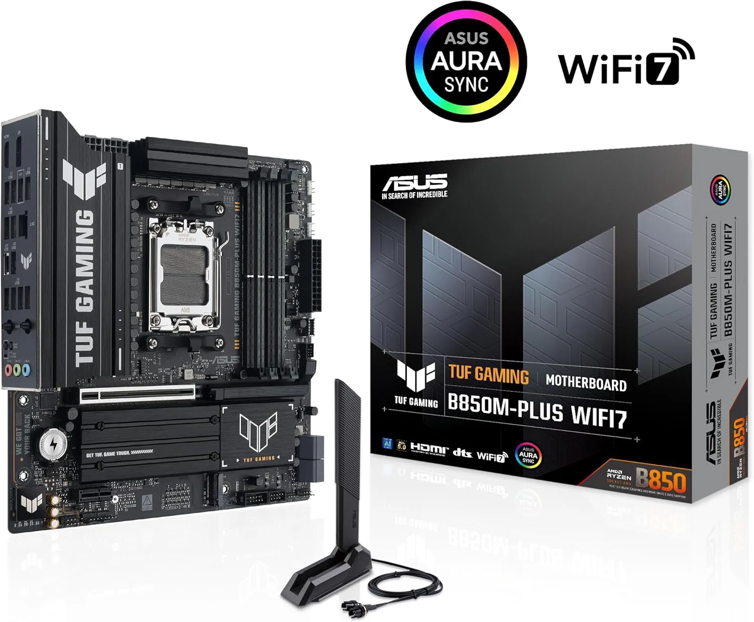 TUF Gaming B850M-PLUS WIFI7 AMD B850 mATX Motherboard, 14+2+1 80A DrMOS Power Stages, DDR5, PCIe 5.0, 3X M.2 Slots, WiFi 7, 2.5Gb Ethernet, DisplayPort, HDMI, Rear USB-C 20Gbps and Front USB-C 10Gbps