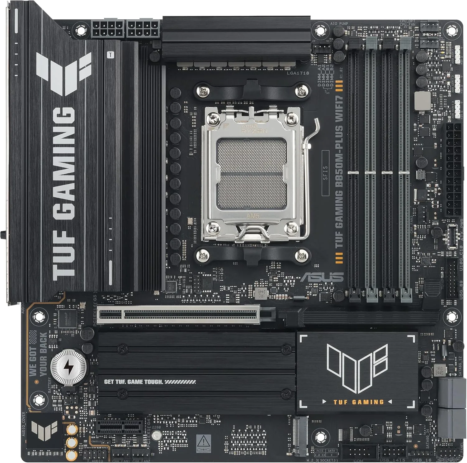 TUF Gaming B850M-PLUS WIFI7 AMD B850 mATX Motherboard, 14+2+1 80A DrMOS Power Stages, DDR5, PCIe 5.0, 3X M.2 Slots, WiFi 7, 2.5Gb Ethernet, DisplayPort, HDMI, Rear USB-C 20Gbps and Front USB-C 10Gbps