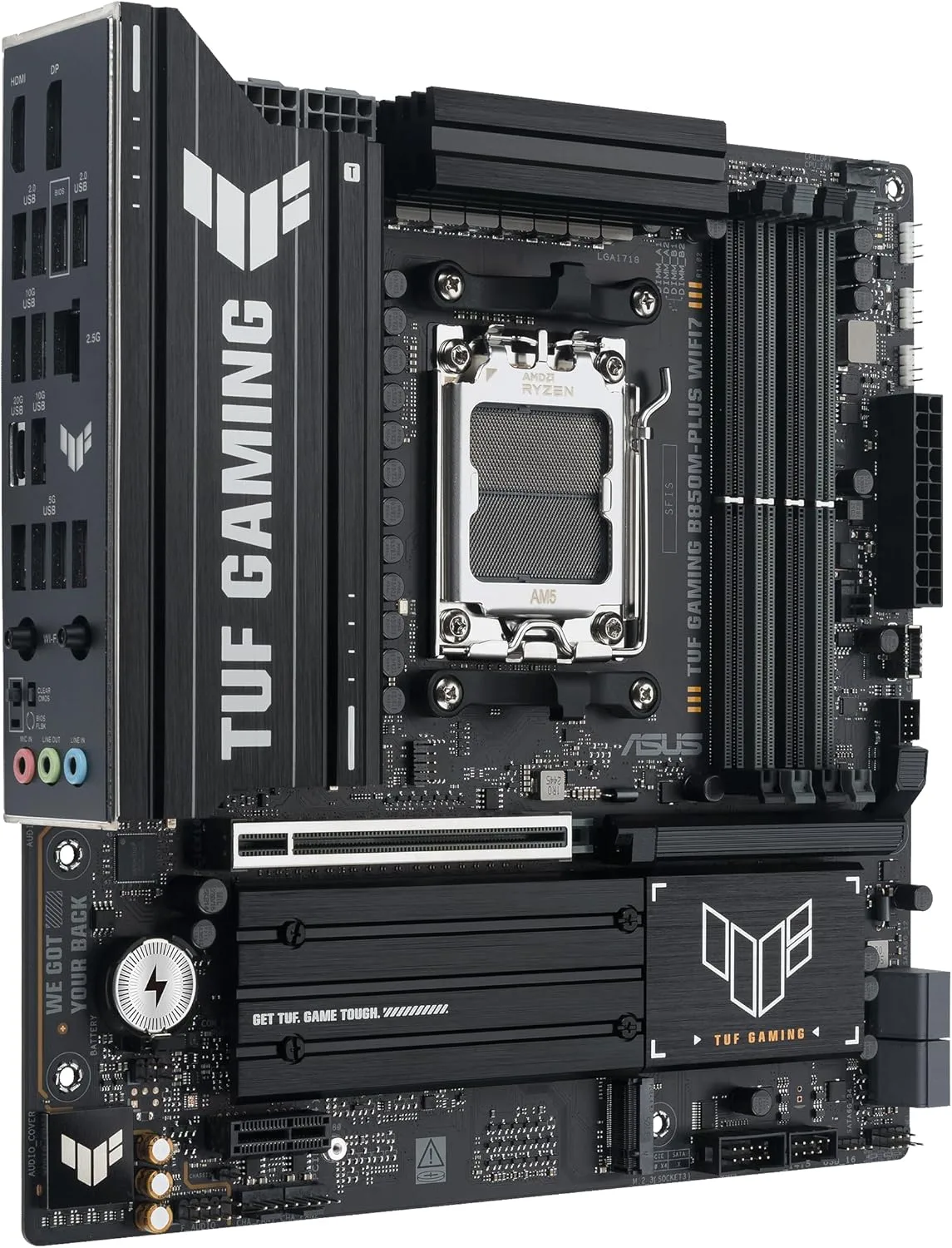 TUF Gaming B850M-PLUS WIFI7 AMD B850 mATX Motherboard, 14+2+1 80A DrMOS Power Stages, DDR5, PCIe 5.0, 3X M.2 Slots, WiFi 7, 2.5Gb Ethernet, DisplayPort, HDMI, Rear USB-C 20Gbps and Front USB-C 10Gbps
