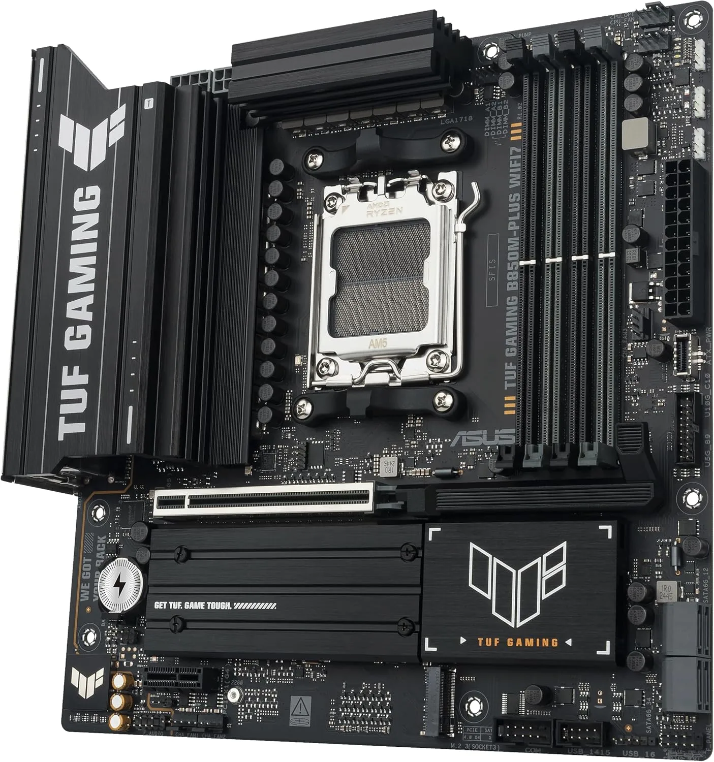 TUF Gaming B850M-PLUS WIFI7 AMD B850 mATX Motherboard, 14+2+1 80A DrMOS Power Stages, DDR5, PCIe 5.0, 3X M.2 Slots, WiFi 7, 2.5Gb Ethernet, DisplayPort, HDMI, Rear USB-C 20Gbps and Front USB-C 10Gbps
