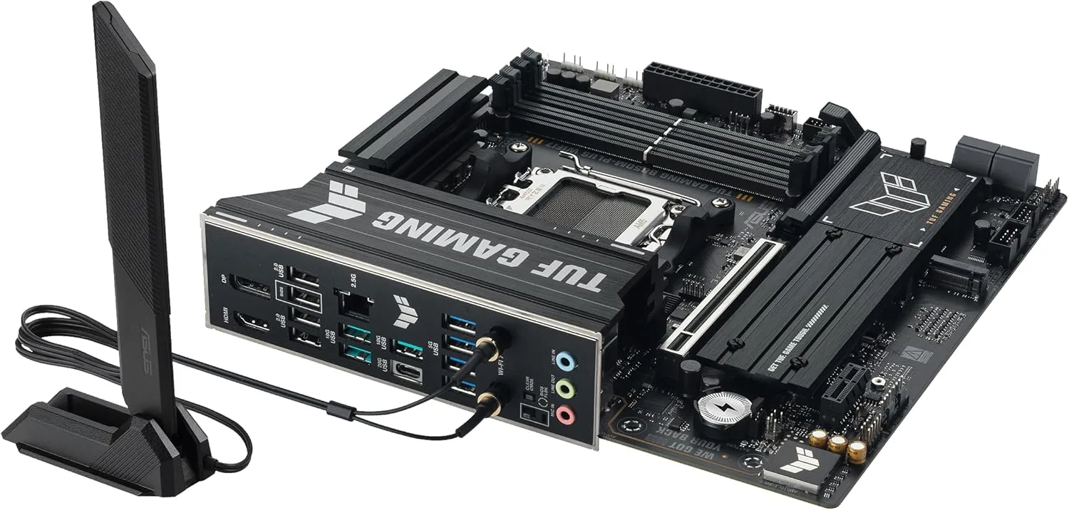 TUF Gaming B850M-PLUS WIFI7 AMD B850 mATX Motherboard, 14+2+1 80A DrMOS Power Stages, DDR5, PCIe 5.0, 3X M.2 Slots, WiFi 7, 2.5Gb Ethernet, DisplayPort, HDMI, Rear USB-C 20Gbps and Front USB-C 10Gbps