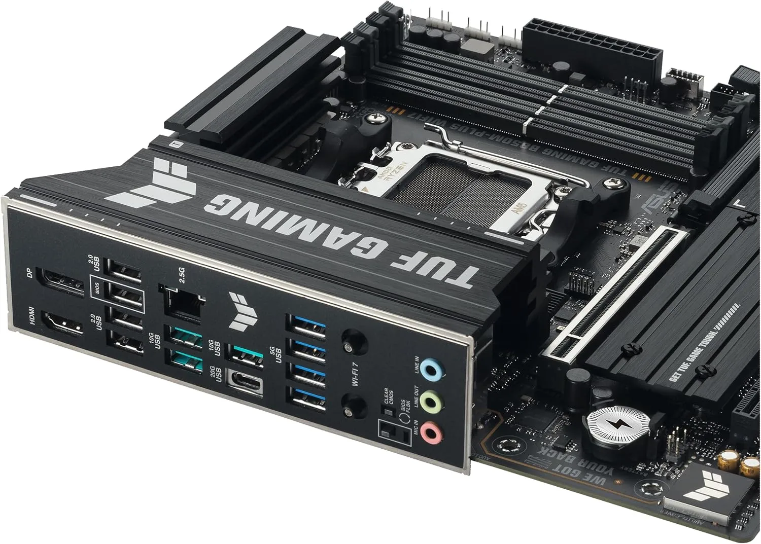 TUF Gaming B850M-PLUS WIFI7 AMD B850 mATX Motherboard, 14+2+1 80A DrMOS Power Stages, DDR5, PCIe 5.0, 3X M.2 Slots, WiFi 7, 2.5Gb Ethernet, DisplayPort, HDMI, Rear USB-C 20Gbps and Front USB-C 10Gbps