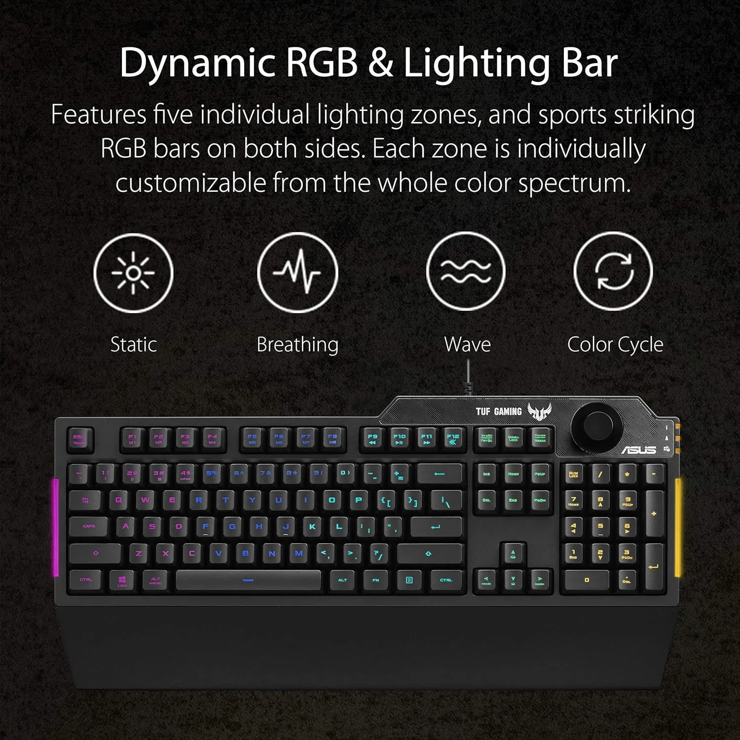 ASUS TUF K1 RGB Gaming Keyboard — Spill-Resistant, Volume Knob