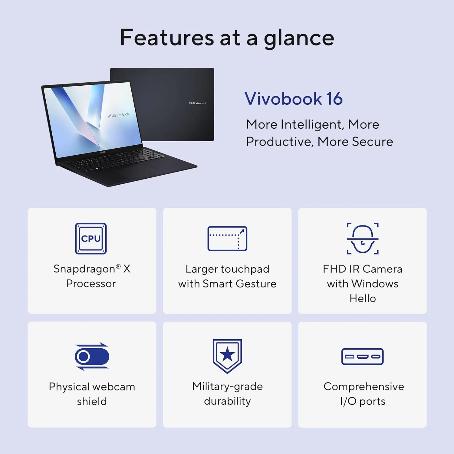 ASUS Vivobook 16 Laptop, 16-inch WUXGA, Qualcomm Snapdragon, 16GB RAM, 512GB SSD, Windows 11