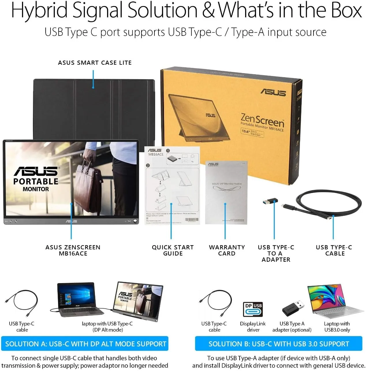 ASUS ZenScreen 15.6” 1080P Portable USB Monitor (MB16ACE) - Full HD, IPS, USB Type-C