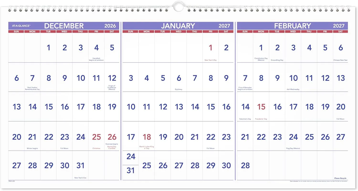 AT-A-GLANCE Three-Month Reference Wall Calendar