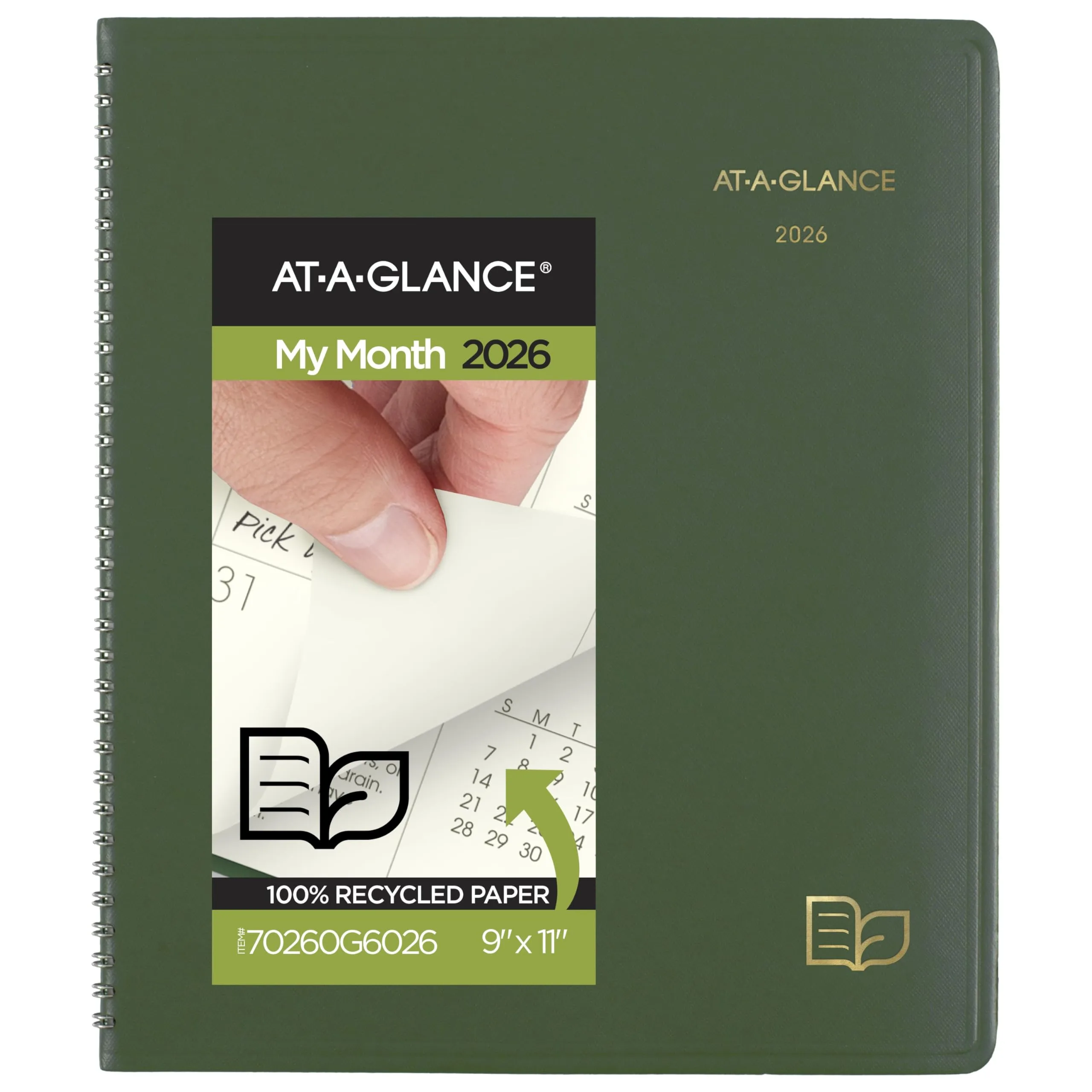 AT-A-GLANCE 2026 Planner, Monthly, 9" x 11", Large, Recycled, Green (70260G6026)