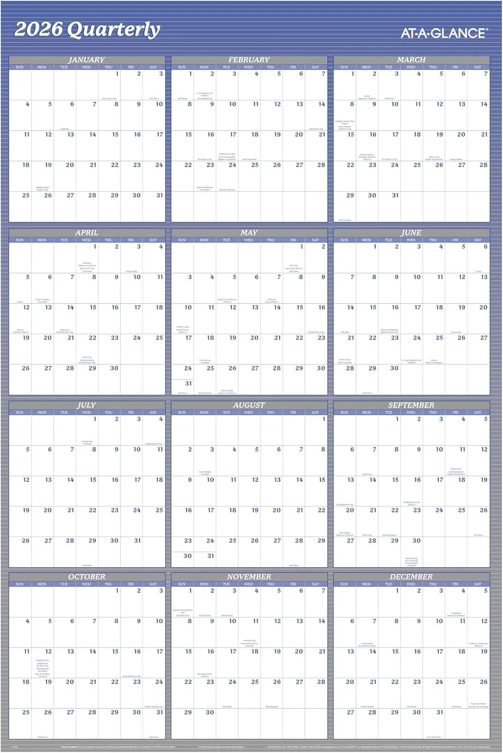 AT-A-GLANCE Reversible Vertical/Horizontal Erasable Wall Calendar, 48" x 32"