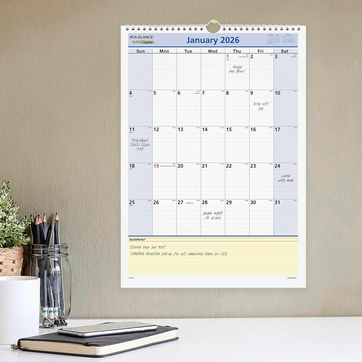 AT-A-GLANCE 2026 Wall Calendar, 12 x 17, Medium, QuickNotes (PM522826)