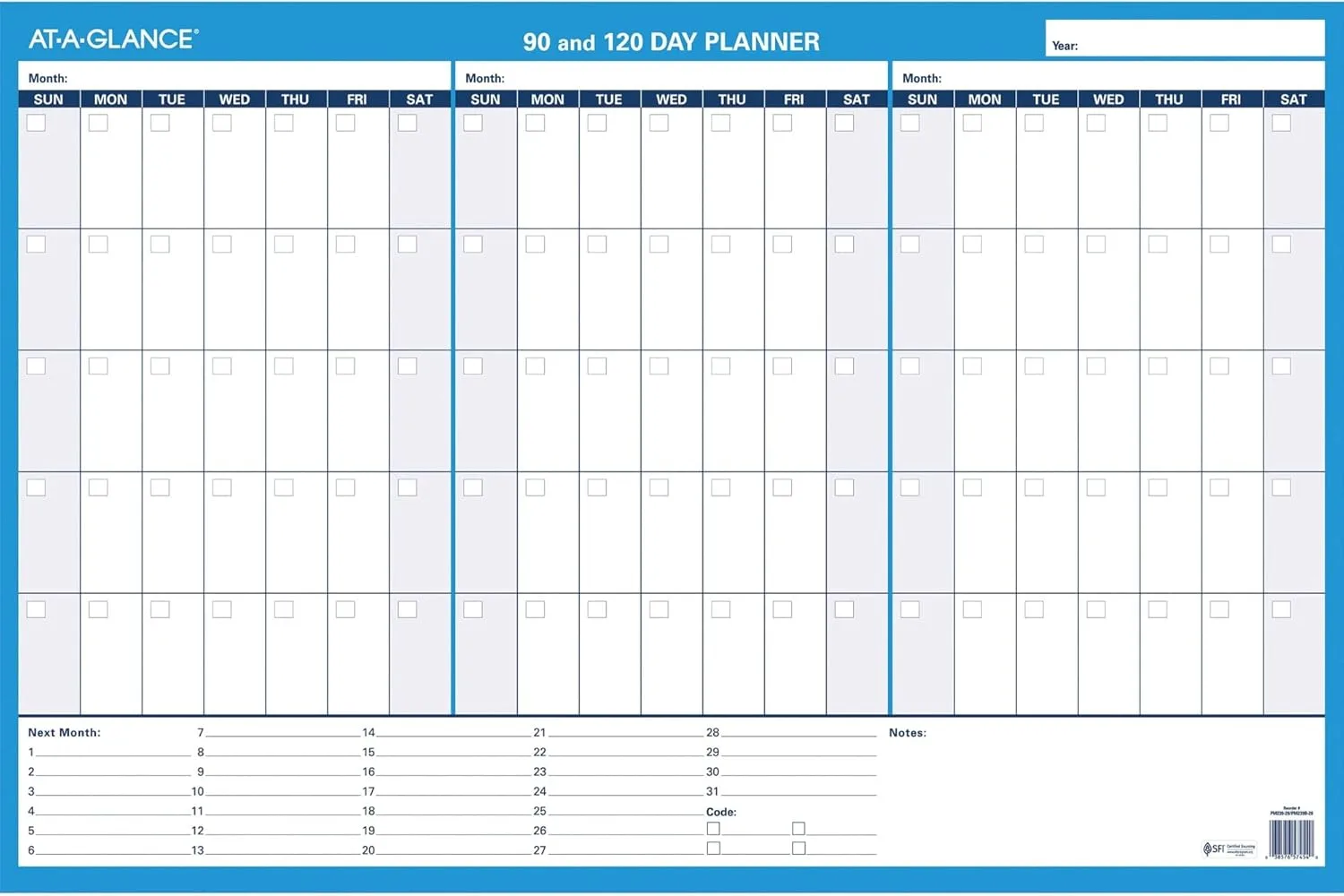 AT-A-GLANCE PM23928 90/120-Day Undated Horizontal Erasable Wall Planner, 36 x 24, White/Blue