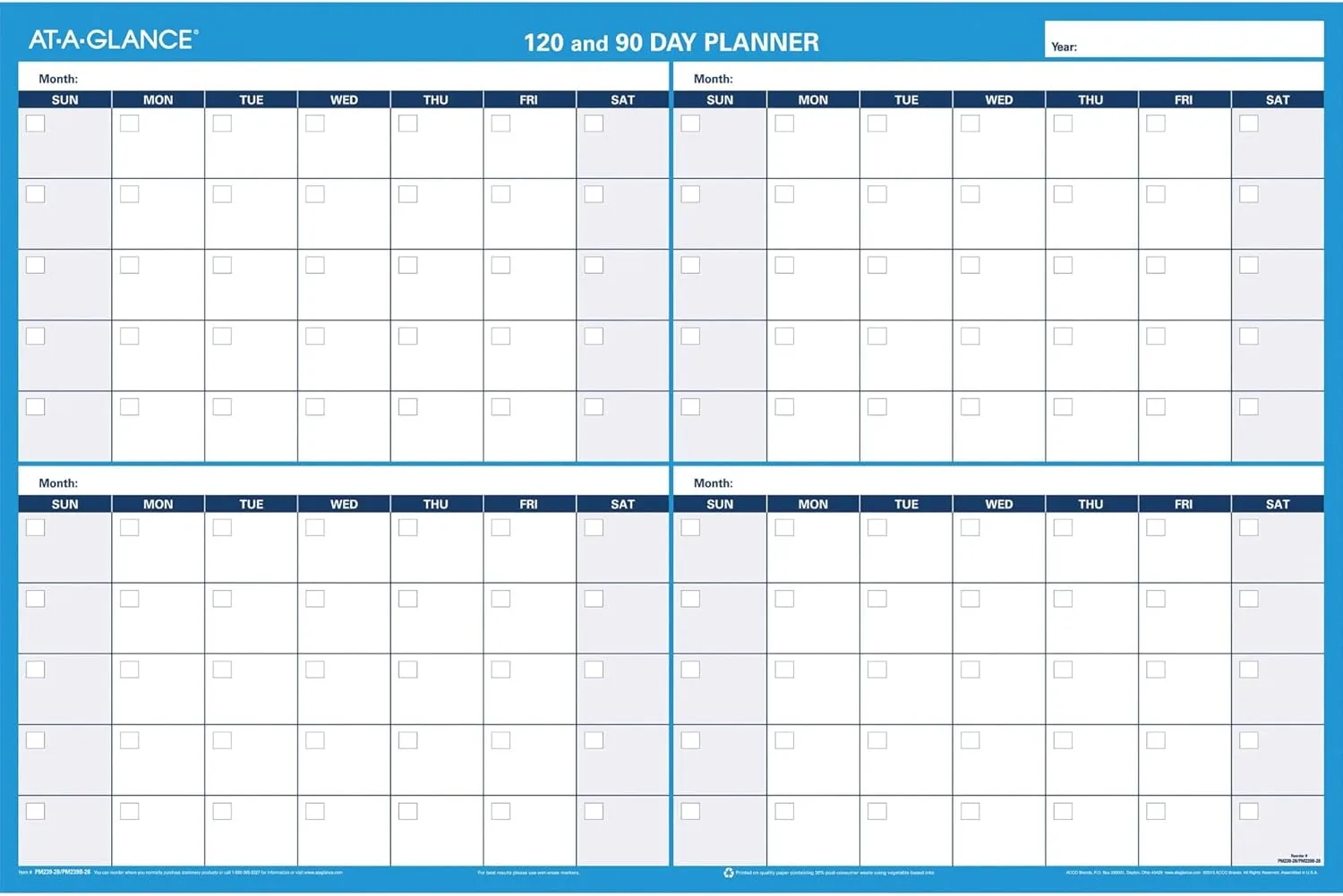 AT-A-GLANCE PM23928 90/120-Day Undated Horizontal Erasable Wall Planner, 36 x 24, White/Blue