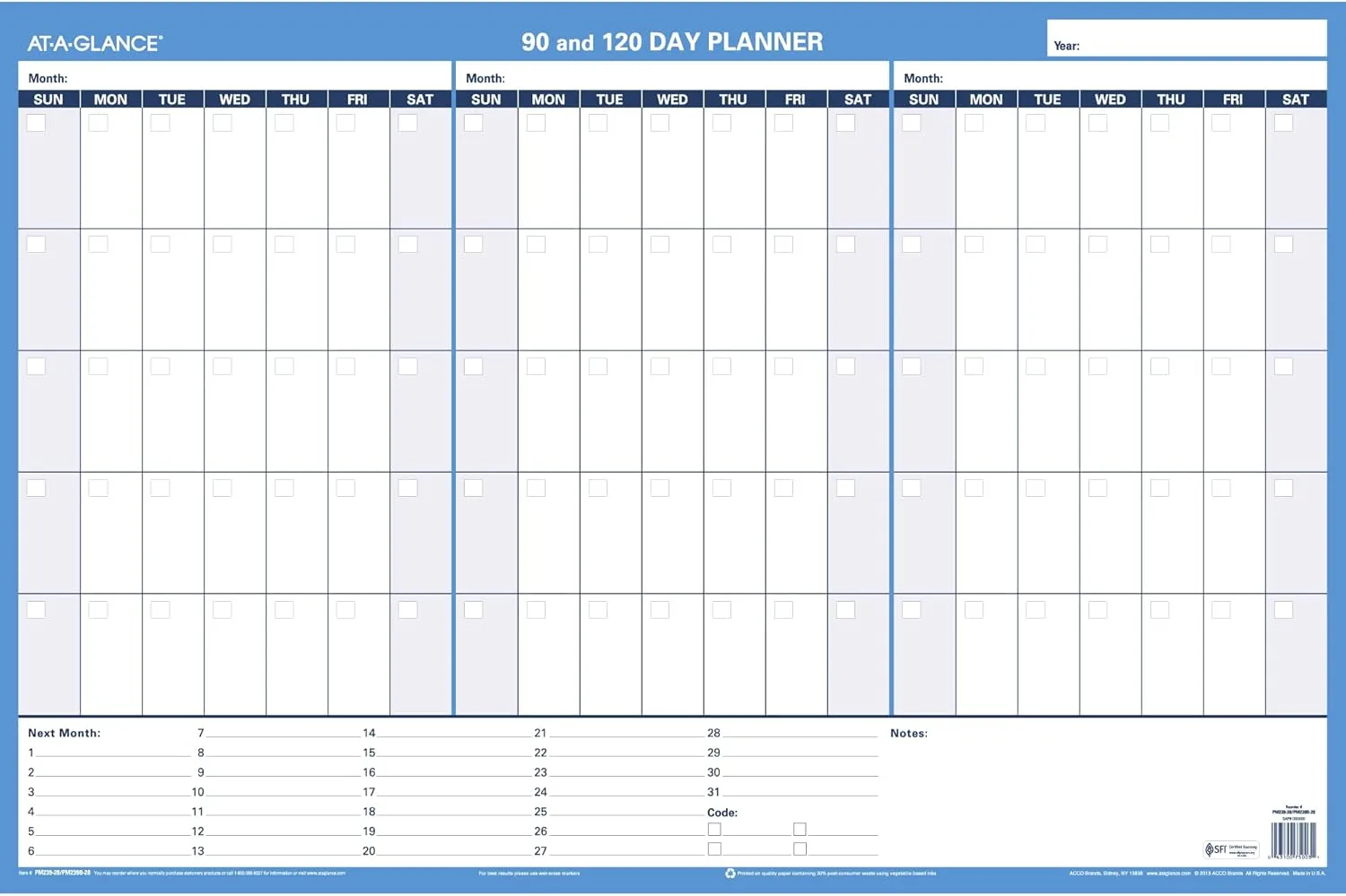 AT-A-GLANCE PM23928 90/120-Day Undated Horizontal Erasable Wall Planner, 36 x 24, White/Blue