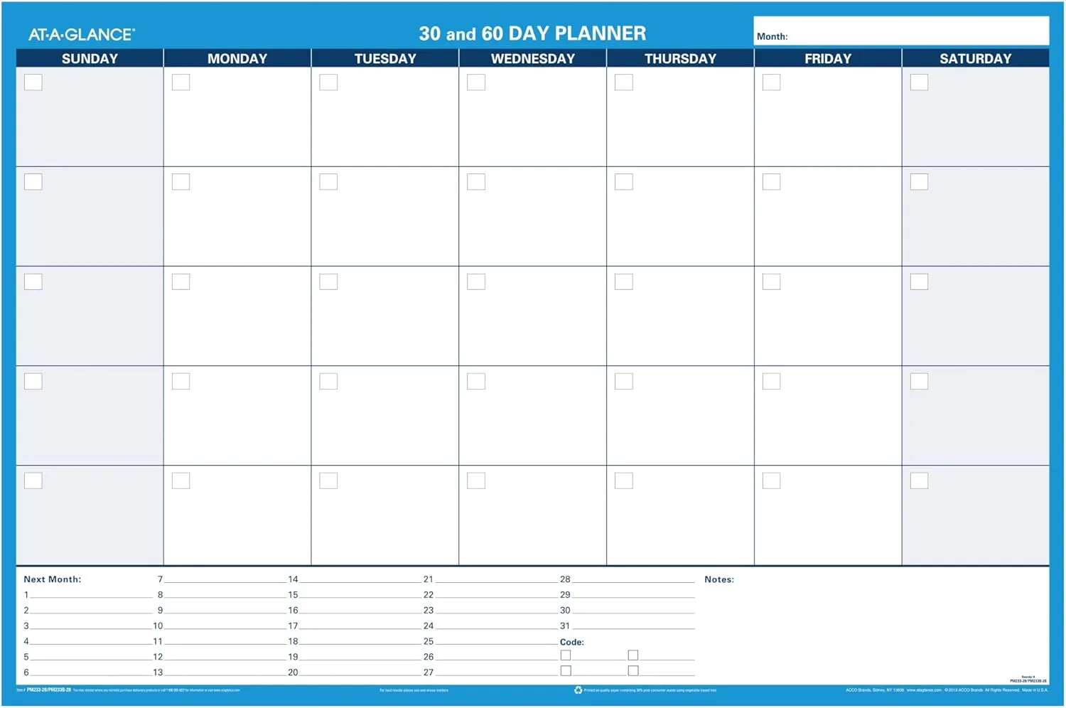 AT-A-GLANCE Undated Erasable Wall Planner, 30/60-Day, 36 x 24