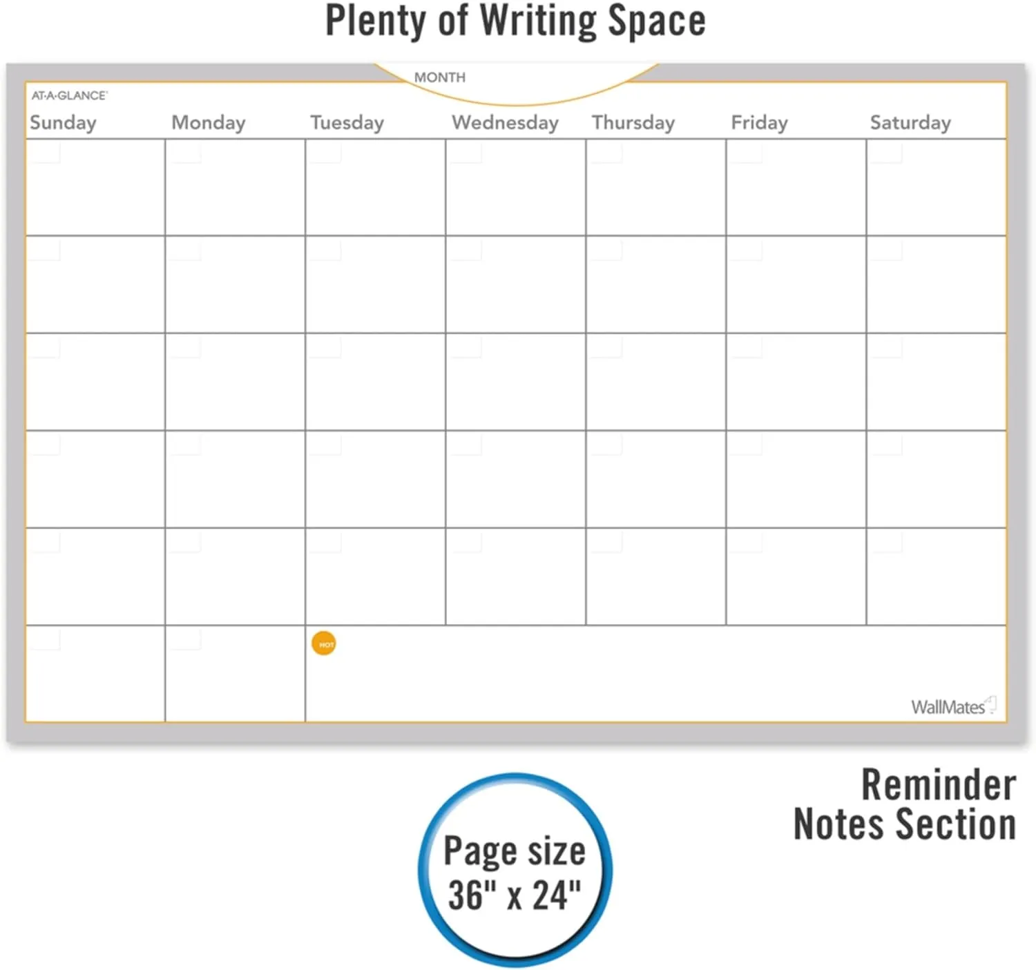 AT-A-GLANCE AW602028 WallMates Self-Adhesive Dry Erase Monthly Planning Surface, 36 x 24, Gray/White/Orange