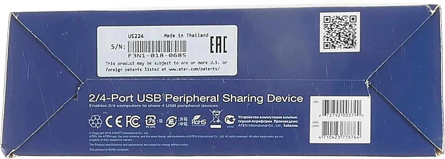 ATEN US224 2 x 4 USB 2.0 Peripheral Sharing USB Switch 2 Computers Share 4 Devices Simple Remote Port Selector Included Supports Optional USB Power Adapter - Windows Mac Linux