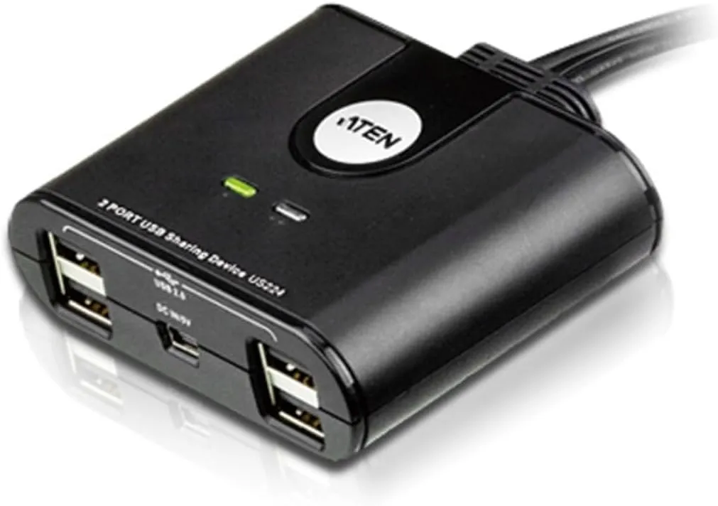 ATEN US224 2 x 4 USB 2.0 Peripheral Sharing USB Switch 2 Computers Share 4 Devices Simple Remote Port Selector Included Supports Optional USB Power Adapter - Windows Mac Linux