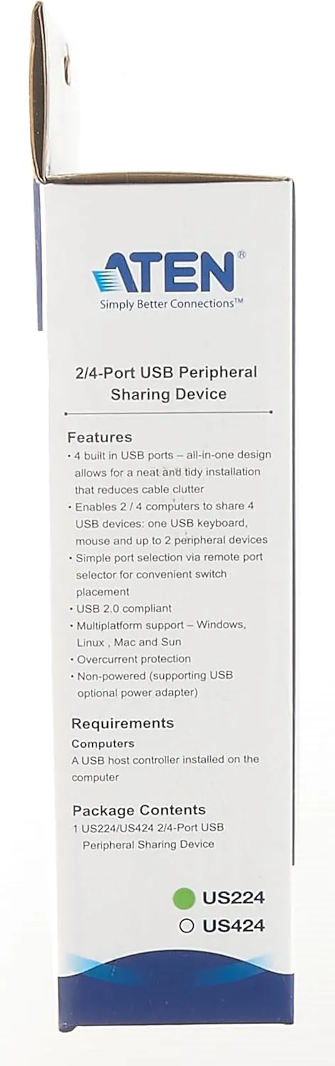 ATEN US224 2 x 4 USB 2.0 Peripheral Sharing USB Switch 2 Computers Share 4 Devices Simple Remote Port Selector Included Supports Optional USB Power Adapter - Windows Mac Linux