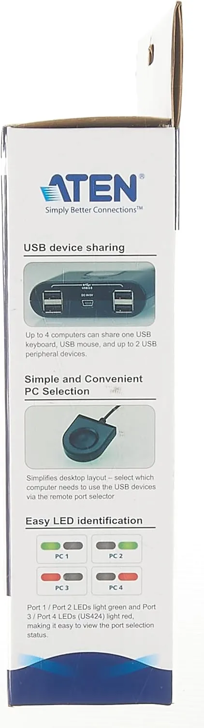 ATEN US224 2 x 4 USB 2.0 Peripheral Sharing USB Switch 2 Computers Share 4 Devices Simple Remote Port Selector Included Supports Optional USB Power Adapter - Windows Mac Linux
