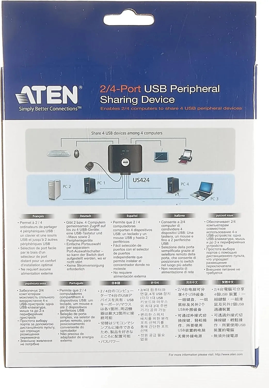 ATEN US224 2 x 4 USB 2.0 Peripheral Sharing USB Switch 2 Computers Share 4 Devices Simple Remote Port Selector Included Supports Optional USB Power Adapter - Windows Mac Linux