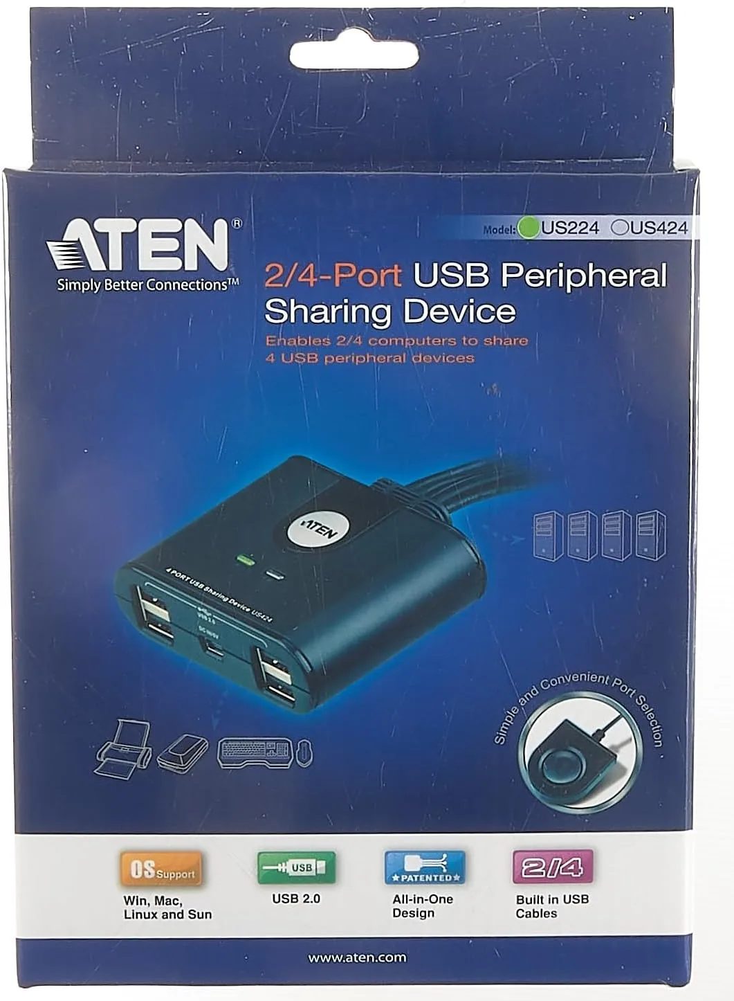 ATEN US224 2 x 4 USB 2.0 Peripheral Sharing USB Switch 2 Computers Share 4 Devices Simple Remote Port Selector Included Supports Optional USB Power Adapter - Windows Mac Linux