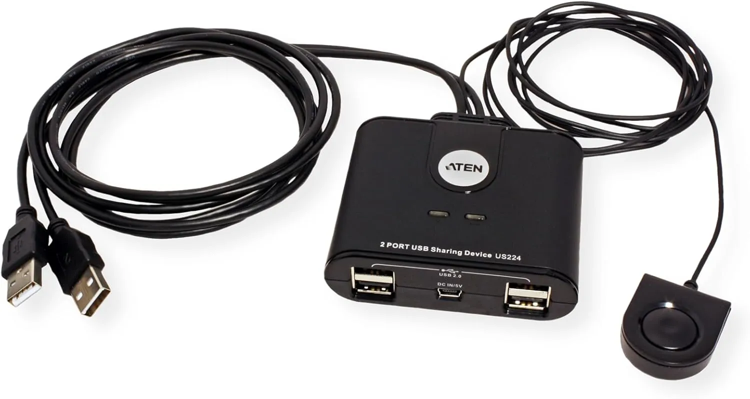 ATEN US224 2 x 4 USB 2.0 Peripheral Sharing USB Switch 2 Computers Share 4 Devices Simple Remote Port Selector Included Supports Optional USB Power Adapter - Windows Mac Linux