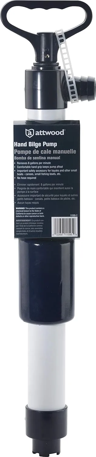 Attwood 11595-2 Hand-Operated Bilge Pump, for Kayaks, Canoes, Small Fishing Boats, 18 Inches Long, Pumps 8 GPM