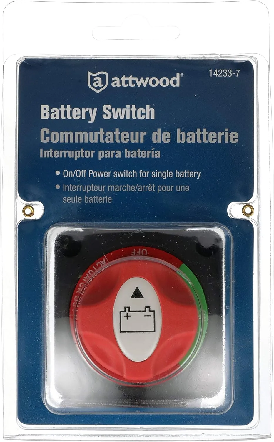 Attwood 14233-7 Battery Switch — On/Off Power Switch for Single Battery, Removable Control Knob, 12- to 50-Volt DC ,Red/Black