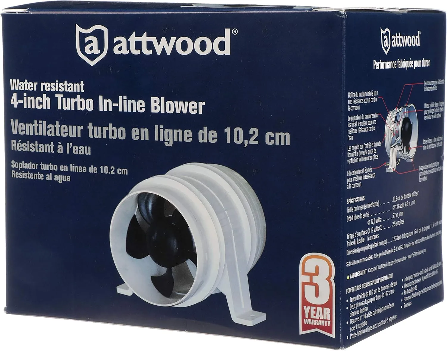 Attwood 1749-4 Turbo 4000 Series II In-Line Blower, For 4-Inch Interior Diameter Vent Hose, Water Resistant