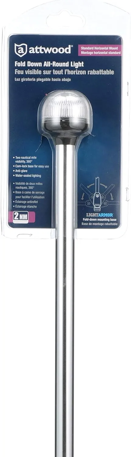 Attwood 5550-PA20-7 Lightarmor Folding All-Round 20-Inch Marine Boat 360-Degree Pole Light, Silver