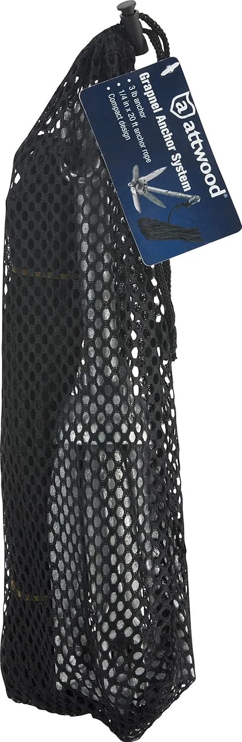 Attwood 11959-1 Universal 3 lb Marine Grapnel Folding Anchor with 20-Foot MFP Rope and Mesh Storage Bag
