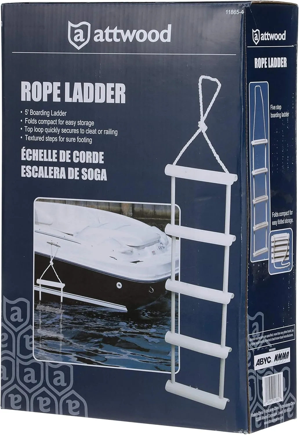Attwood 11865-4 Rope Ladder, 5-Step, 11 ¾-Inch-Wide Blow-Molded Steps, 5 Feet Long, Non-Slip Step Surfaces, Nylon Rope