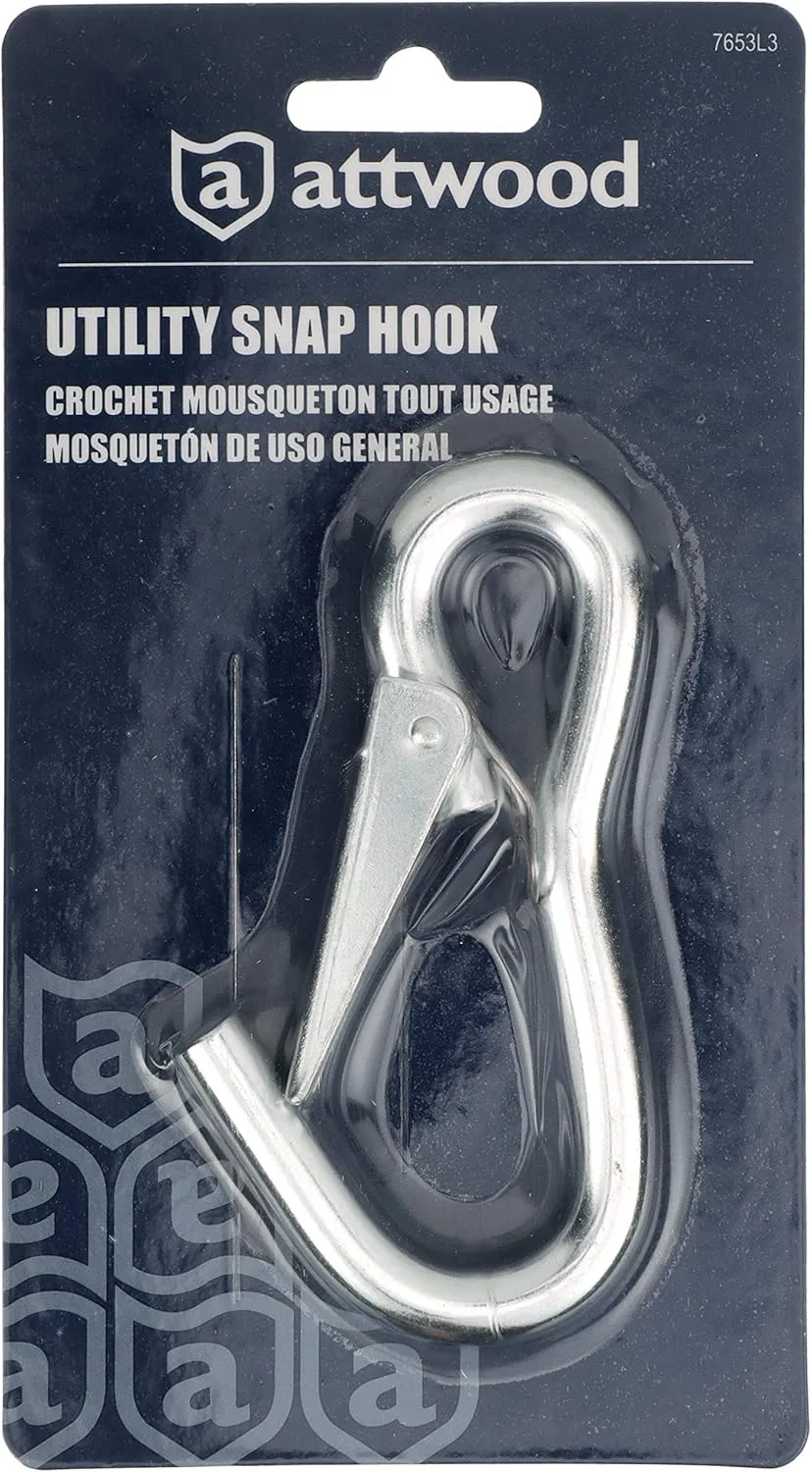 Attwood 7653L3 Utility Snap Hook, Zinc-Plated Steel, Spring-Loaded Closure, Light-Duty, 4 Inches Long, ¼-Inch Ring Diameter
