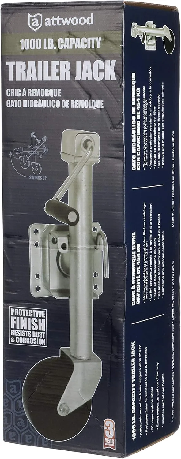 Attwood 11127-4 Fold-Up Trailer Jack, 1,000-Pound Capacity, 10-Inch Travel Lift, 24-Inch Lift, Single Wheel
