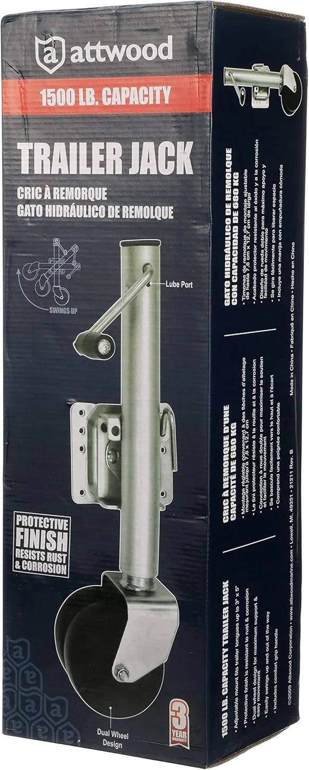 Attwood 11126-4 Fold-Up Trailer Jack, 1,500-Pound Capacity, 12-Inch Travel Lift, 26-Inch Lift, Dual Wheels