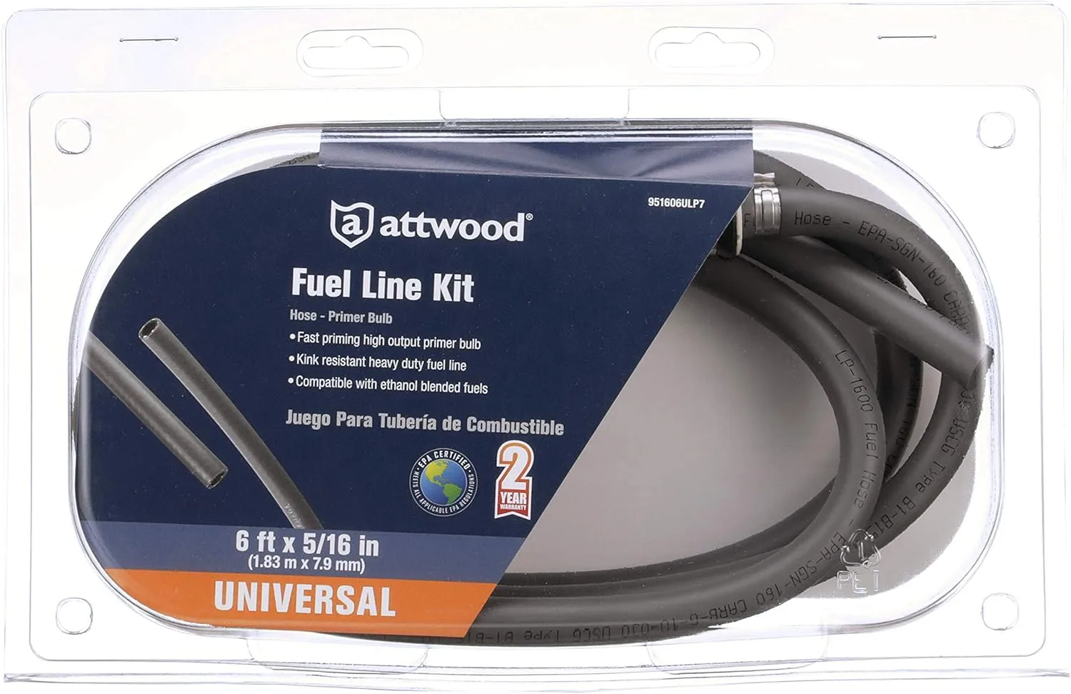 Attwood 951606ULP7 Universal Fuel Line Kit, 6 Feet Long, 5/16-Inch Diameter, Multi-Layer Low-Permeation Primer Bulb