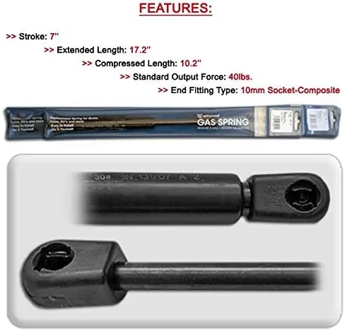 attwood Lift Gas Spring Standard Output Force: 40 lbs, Size: 0.81" H x 2.12" W x 22.5" D, Extended Length: 17.2"