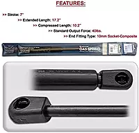 attwood Lift Gas Spring Standard Output Force: 40 lbs, Size: 0.81" H x 2.12" W x 22.5" D, Extended Length: 17.2"