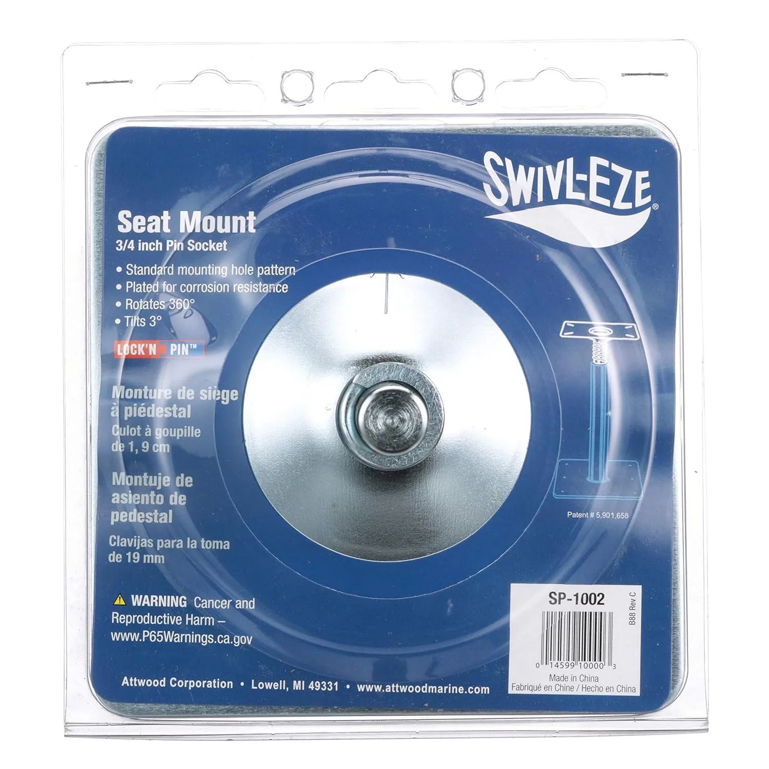 Attwood SP-1002 Lock’N’Pin ¾-Inch Pin Seat Mount, 2 ¾-Inch Steel Pin with Spring, 3-Degree Tilt
