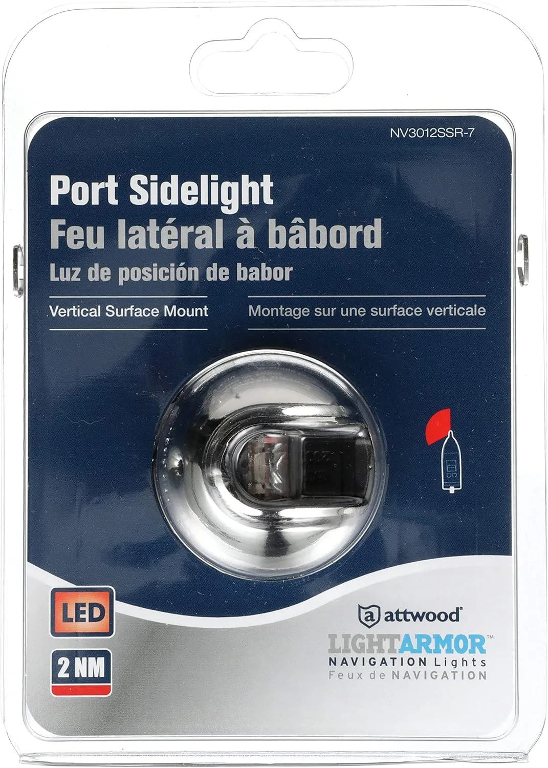 Attwood NV3012SSR-7 LightArmor 2-Mile Vertical Surface Mount Navigation Light, Red LED Lighting, Round Stainless Housing