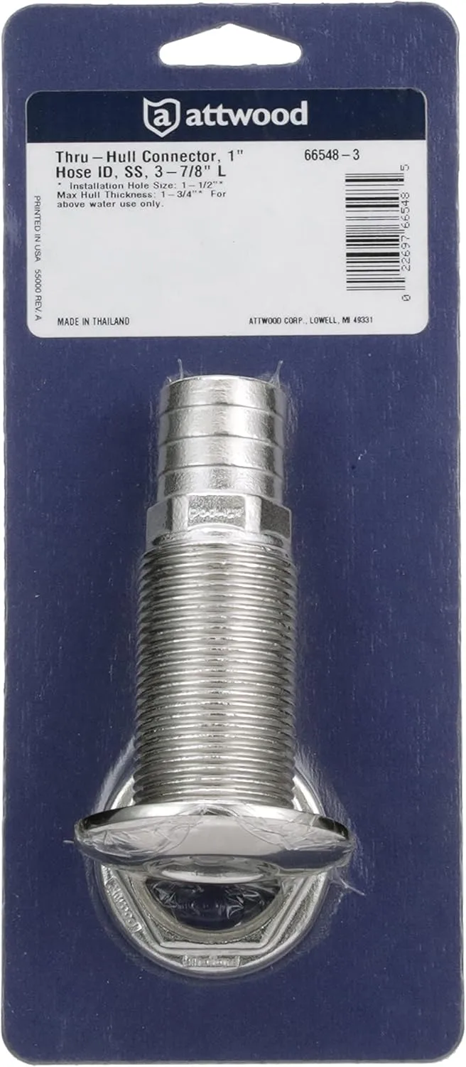Attwood 66548-3 Stainless Steel Barbed Standard Length Straight Thru-Hull, 1-Inch