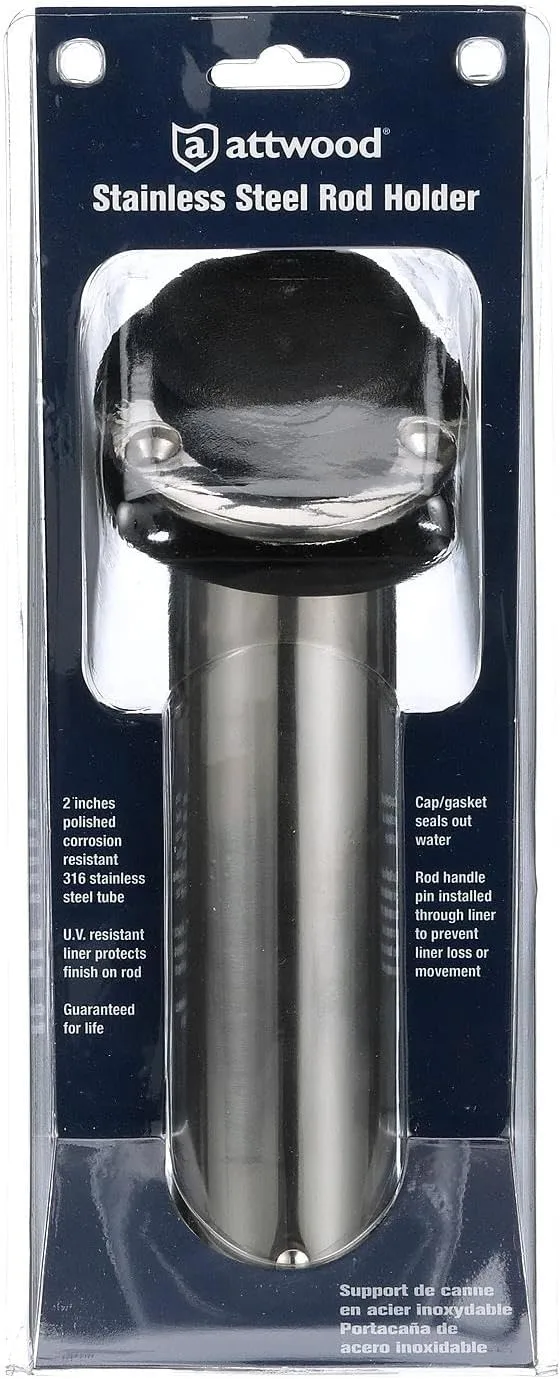 Attwood 66362-7 Stainless Steel Flush Mount Rod Holder, 2-Inch Diameter, 7 ½ Inches Long, 30-Degree Top Flange, Open Base End