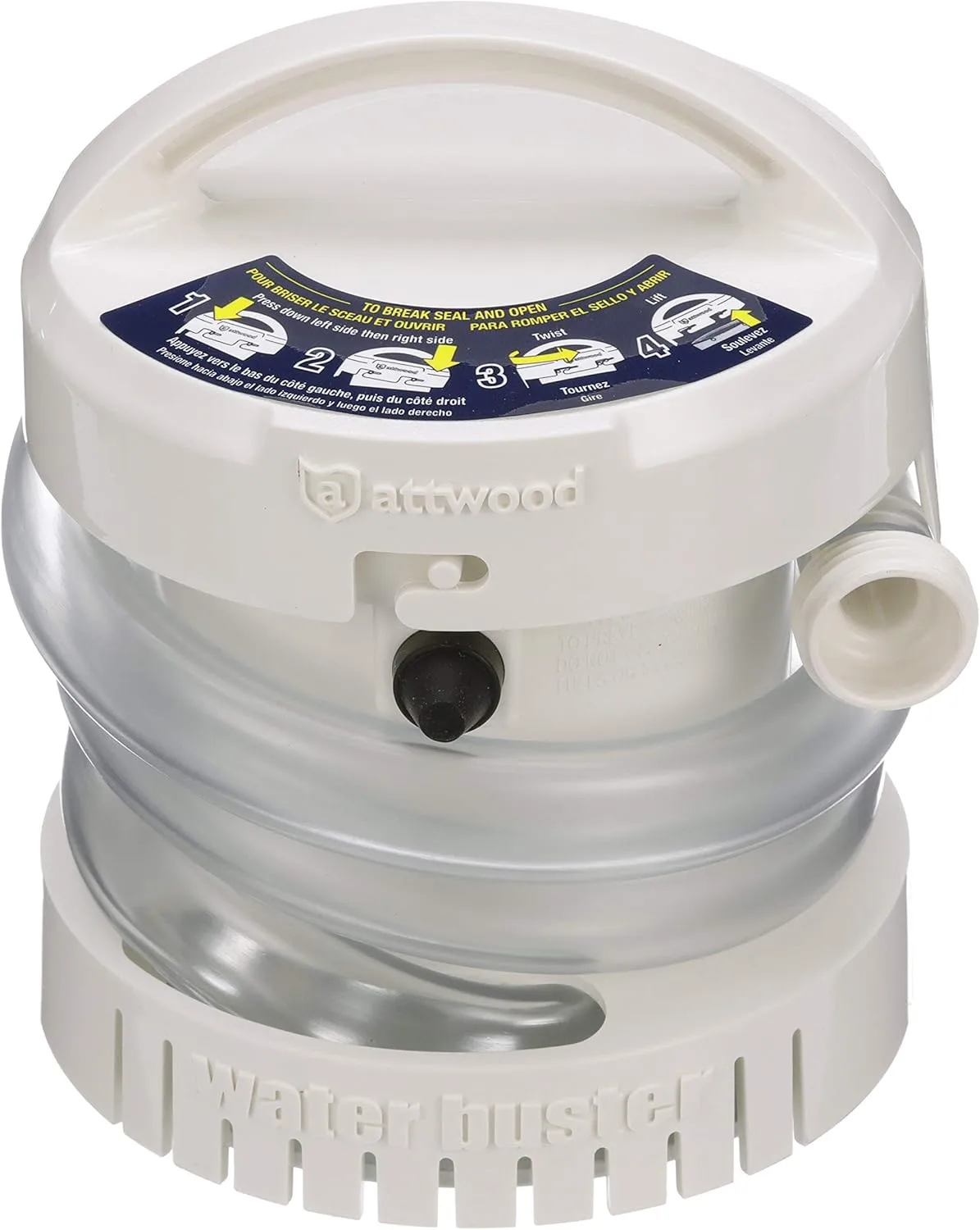 Attwood 4140-4 WaterBuster® Portable Pump, Submersible, Battery Powered, 200 GPH, 42-Inch Hose, 5 ¼-Inch Diameter One Size