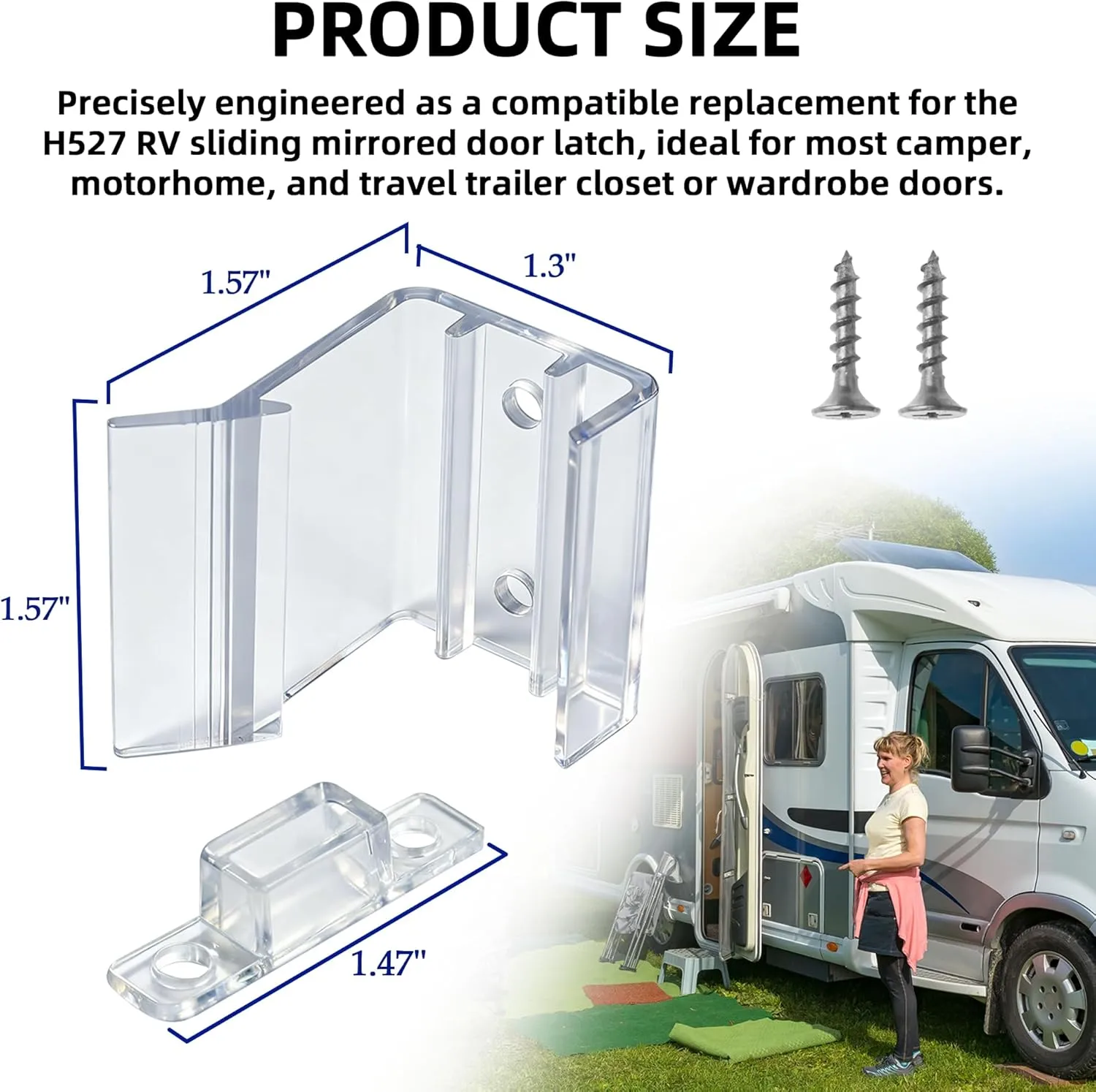 2-Pack Universal RV Sliding Mirrored Door Latch H527 – Clear Plastic with Screws