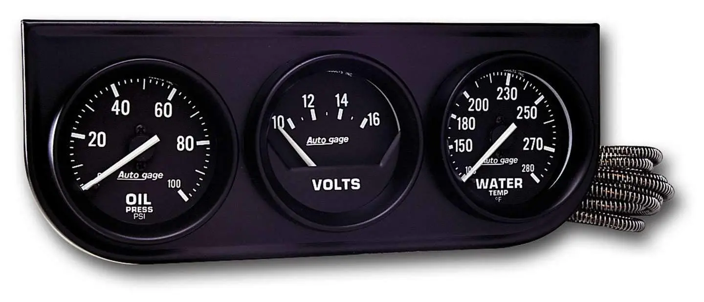 AUTO METER 2397 Autogage Black Console Oil/Volt/Water Gauge,2.3125 in., Black dial/Black bezel
