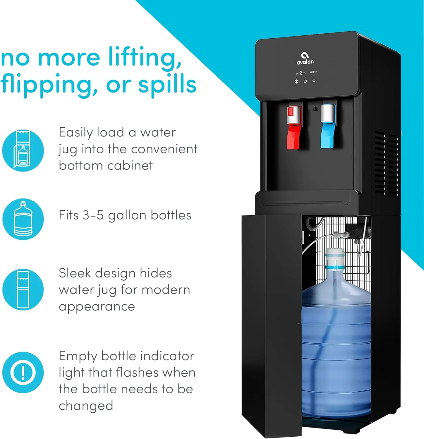 Avalon A6BLWTRCLRBLK Touchless Bottom Loading Cooler Dispenser-Hot & Cold Water, Child Safety Lock, Innovative Slim Design
